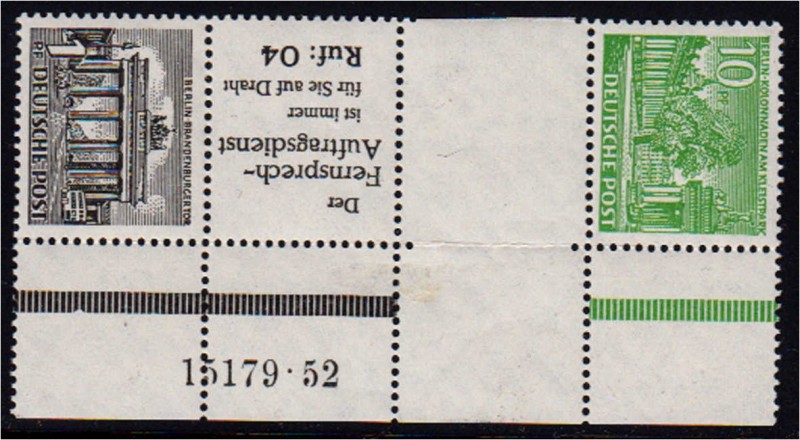 Deutschland
Berlin
Bauten 1952, senkrechter Zusammendruck 10+Z+R6+1 in postfri...