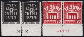 Deutschland
Berlin
Volksaufstand 1953, je waagerechtes Paar mit HAN, postfrische Erhaltung. Michel 230,-€.
**