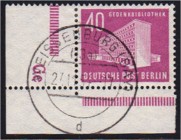 Deutschland
Berlin
40 Pf. Bauten 1954, traumhaft gestempelte Bogenecke mit Druckerzeichen "GE". Selten.
gestempelt