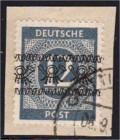 Deutschland
Alliierte Besetzung (Amerikanische u. Brit. Zone)
12 Pf. Ziffern-Bandaufdruck 1948, gestempelt auf Briefstück, geprüft Schlegel BPP. Mi....