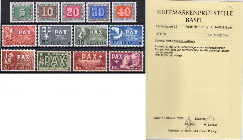 Ausland
Schweiz
Kompletter Pax-Satz 1945, postfrisch, Fotoattest Briefmarkenpr...