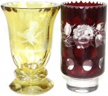 Glas
2 Stück: rubinroter böhmischer Becher mit Blumenverzierung, Höhe 15,5 cm; alter Becher, gelb (Uranglas?) mit jagdlicher Darstellung, Höhe 15,5 c...