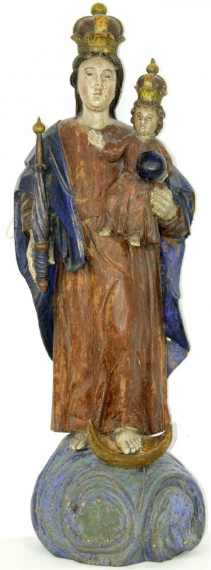 Religion
Christliche Sakralkunst
Wandfigur der Madonna mit Kind auf Mondsichel...