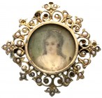 Schmuck
Broschen und Krawattennadeln
Biedermeier-Brosche, Silber vergoldet mit eingesetzten Perlen (einige fehlen) und Damenportrait. 31 X 31 mm; 6,...