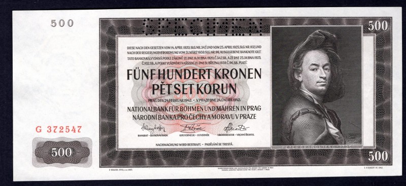 Bohemia & Moravia 500 Korun 1942 Specimen
Bajer 35. Series G, UNC.