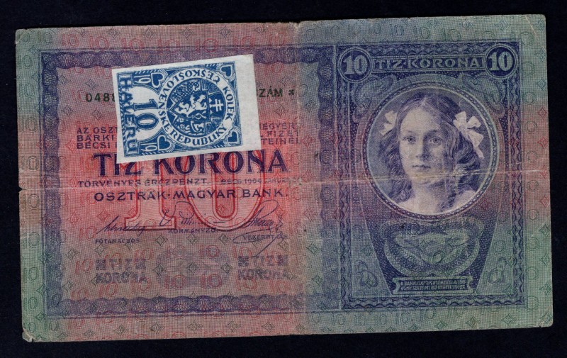 Czechoslovakia 10 Korun (1904) 1919 Unknown Type with Adhesive Stamp
P# No; With...