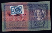 Czechoslovakia 10 Korun (1904) 1919 Unknown Type with Adhesive Stamp
P# No; With Adhesive "Stamp 10 Haleru"