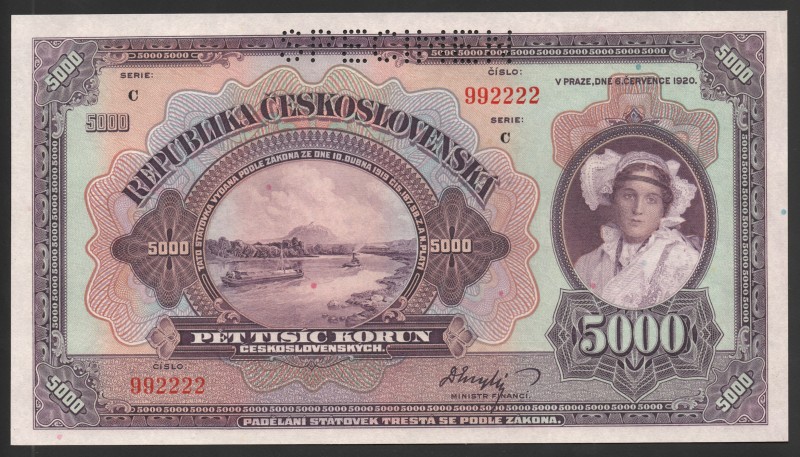 Czechoslovakia 5000 Korun 1920 Specimen RARE!
P# 19s; № 992222; UNC-; Large Ban...