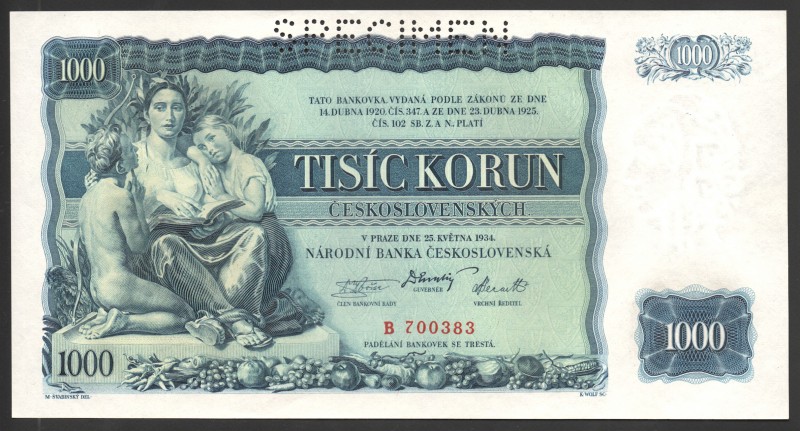 Czechoslovakia 1000 Korun 1934 Specimen RARE!
P# 26s; № B 700383; UNC; Large Ba...