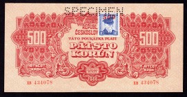 Czechoslovakia 500 Korun 1944 Specimen
Bajer 67. AUNC; Stamp Series E.