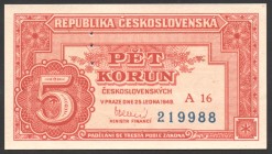 Czechoslovakia 5 Korun 1949
P# 68a; № A16 219988; Small Banknote; UNC
