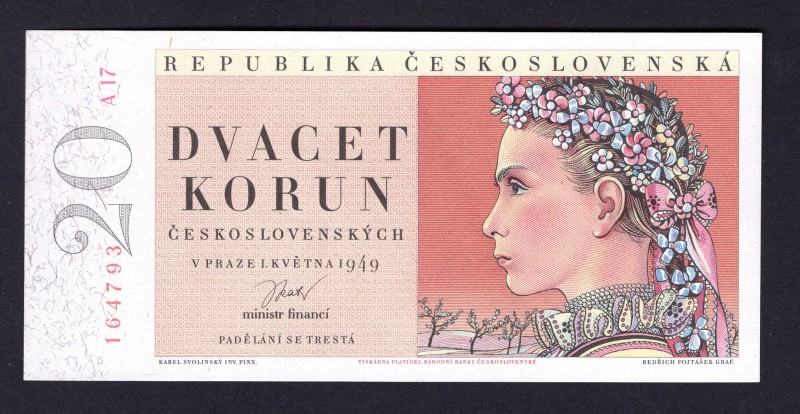 Czechoslovakia 20 Korun 1949
Bajer 83a. Series A. UNC