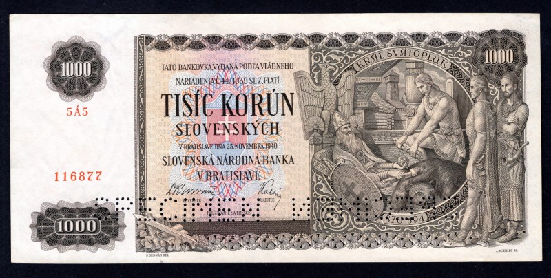 Slovakia 1000 Korun 1940 Specimen
P# 13s; AUNC.
