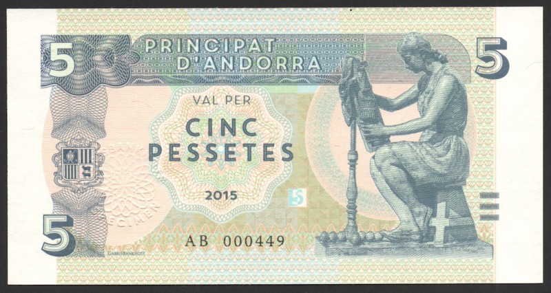 Andorra 5 Pessetes 2015 Specimen RARE
Mintage: 600; UNC; Bronze Sculpture by J....