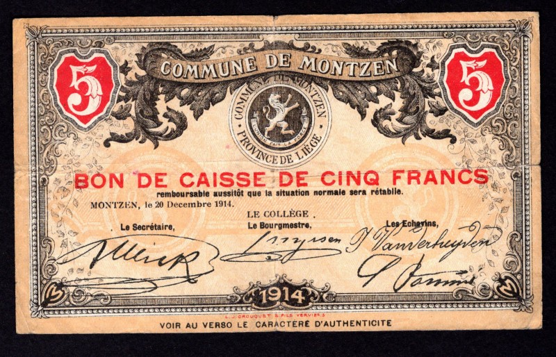 Belgium 5 Francs 1914
Commune de Montzen