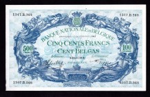 Belgium 500 Francs - 100 Belgas 1942
P# 109; 11.12.1942. Bruxelles. AU-UNC. Very beautiful large banknote!