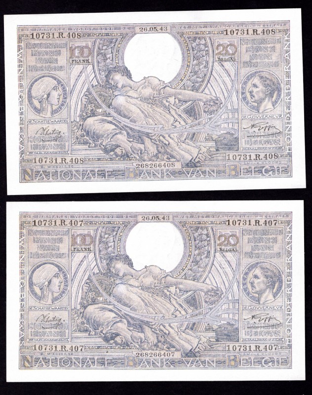 Belgium 100 Francs - 20 Belgas 1943
P# 112; Two pcs with consecutive numbers; U...