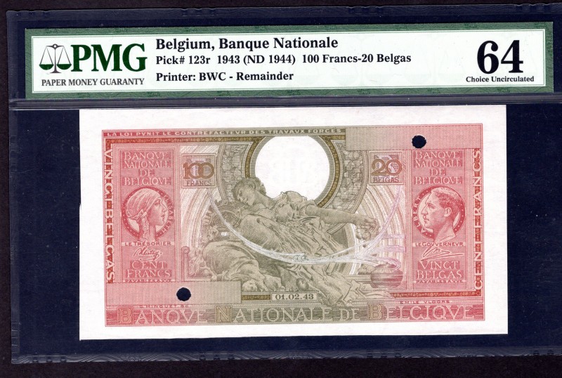 Belgium 100 Francs - 20 Belgas 1943 - 1944 (ND) PMG 64
P# 123r; Ser.#; PGM 64; U...