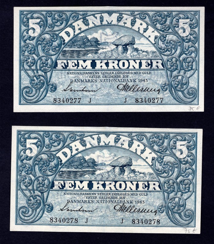 Denmark 5 Kroner 1943 Lot of 2 Consequitive Notes
P# 30i. Prefix J. AUNC. Rare ...