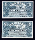 Denmark 5 Kroner 1943 Lot of 2 Consequitive Notes
P# 30i. Prefix J. AUNC. Rare in this grade. Consequitive numbers.