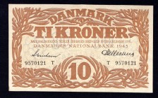 Denmark 10 Kroner 1943 Prefix T
P# 31n. XF+, crispy.