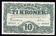 Denmark 10 Kroner 1945 Prefix D
P# 37d. XF, folded, crispy. Rare in this grade.