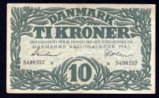 Denmark 10 Kroner 1945 Prefix A
P# 37a. Hand paper! Rare, F.