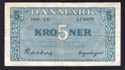 Denmark 5 Kroner 1948 Rare
P# 35e; Halberg Signature. Series CG. VG. 180$ in Pick.