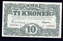 Denmark 10 Kroner 1948 Prefix K
P# 37f. XF, folded, crispy.