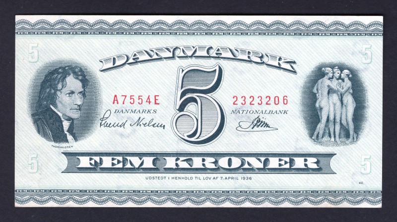 Denmark 5 Kroner 1955 Law of 7.4.1936
P# 42g. As c. (19)55. Prefixes A7-A8. AUN...