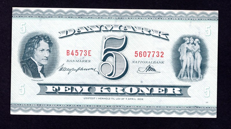 Denmark 5 Kroner 1957 Law of 7.4.1936
P# 42m. As i. (19)57. Prefixes B4-B6. AUN...