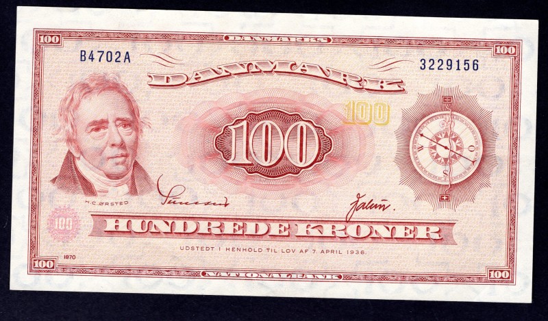Denmark 100 Kroner 1970 Law of 7.4.1936
P# 46f. (19)70. Prefix B2-B4. good XF, ...