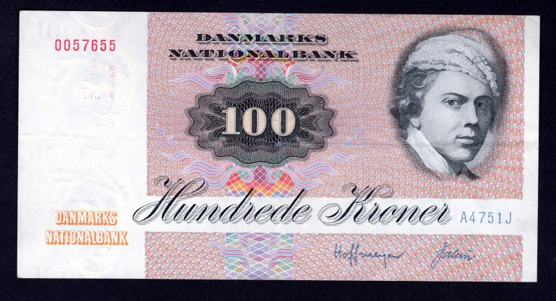 Denmark 100 Kroner 1975 Series 1972
P# 51b. (19)75. Prefix A3-A5. VF. Rare.