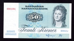 Denmark 50 Kroner 1994 Series 1972
P# 50k. (19)94. Prefix D0. UNC. Rare in this grade.