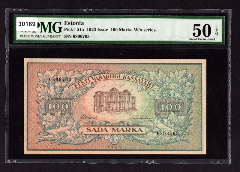 Estonia 100 Marka 1923 PMG 50
P# 51a. W/o series. PMG AUNC 50. Rare.