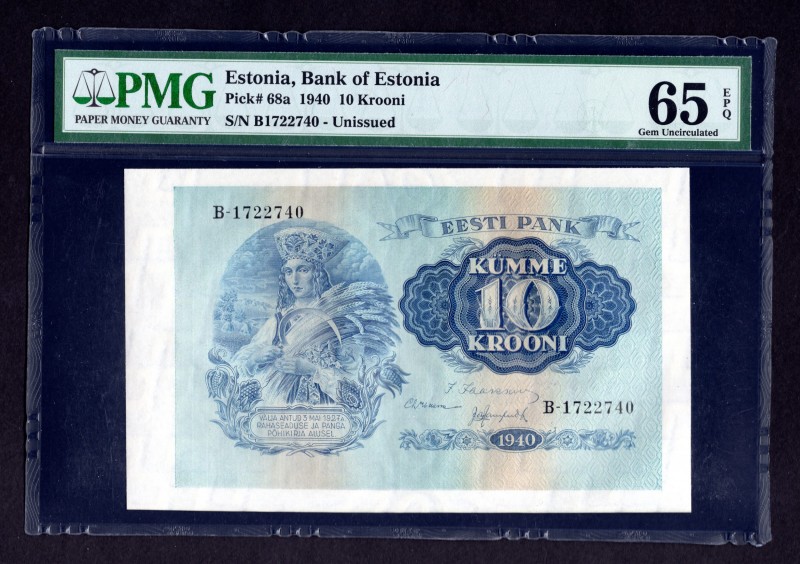 Estonia 10 Krooni 1940 PMG 65
P# 68a. Unissued note. PMG GEM UNC 65. Rare in th...