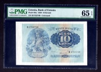 Estonia 10 Krooni 1940 PMG 65
P# 68a. Unissued note. PMG GEM UNC 65. Rare in this grade.