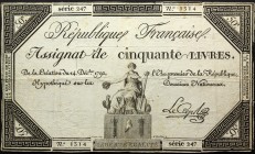 France 50 Livres 1792
P# A72; 14.12.1792. Seated figure with shovel on pedestal at lower center; # 247 1314