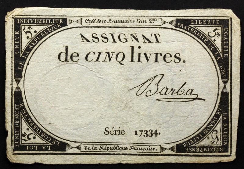 France 5 Livres 1793
P# A76; 10 Brumaire An II (31.10.1793); # 17334