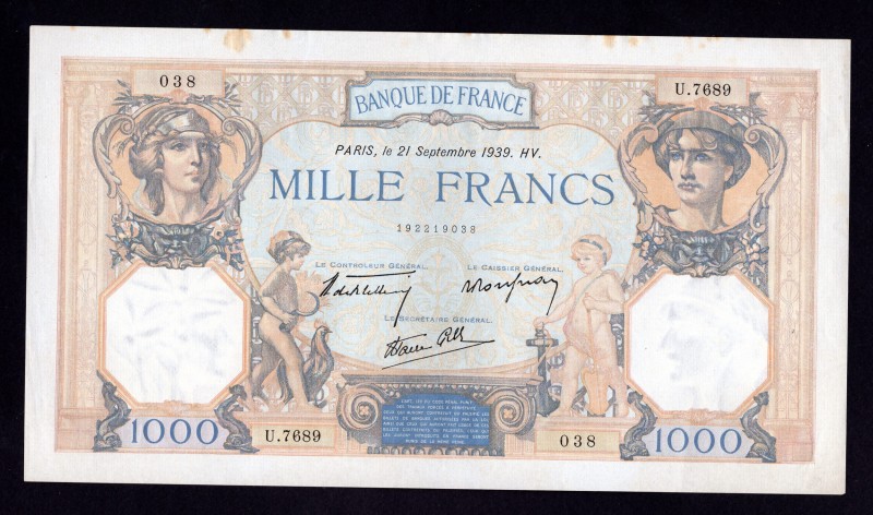 France 1000 Francs 1939
P# 90c; Pin Holes, NOT FOLDED! Crispy. XF-AU.