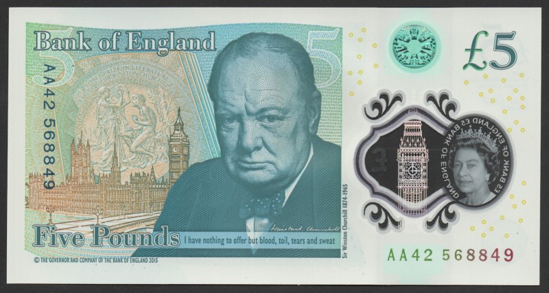 Great Britain 5 Pounds 2015 Serie AA
P# 394; UNC; Polymer; "Sir W. Churchill"