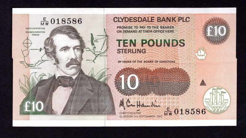 Scotland 10 Pounds 1992 CLYDESDALE BANK
P# 219a; Signature A. R. Cole Hamilton....