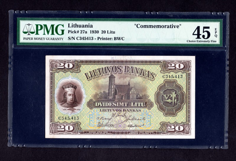 Lithuania 20 Litu 1930 PMG 45
P# 27a. PMG Choice XF 45. Rare in this grade.