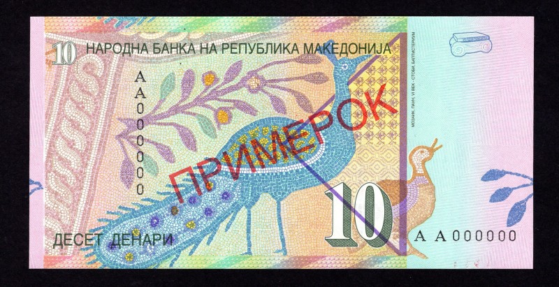 Macedonia 10 Denari 1996 Specimen
P# 14as. 8.09.1996. AA Series. All zeroes ser...