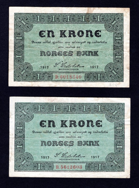 Norway 1 Krone 1917 Lot of 2
P# 13; VF. One better piece.