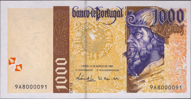 Portugal 1000 Escudos 1998
P# 188c; № 9 A 8000091; UNC; "Pedro Alvares Cabral"...