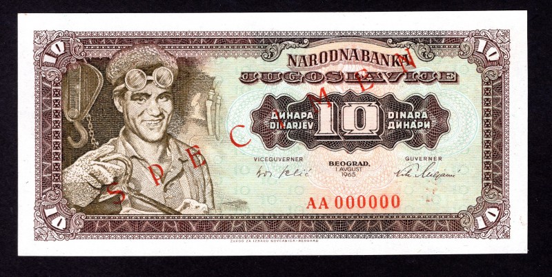 Yugoslavia 10 Dinara 1965 Specimen
P# 78s. UNC. 1.8.1965.