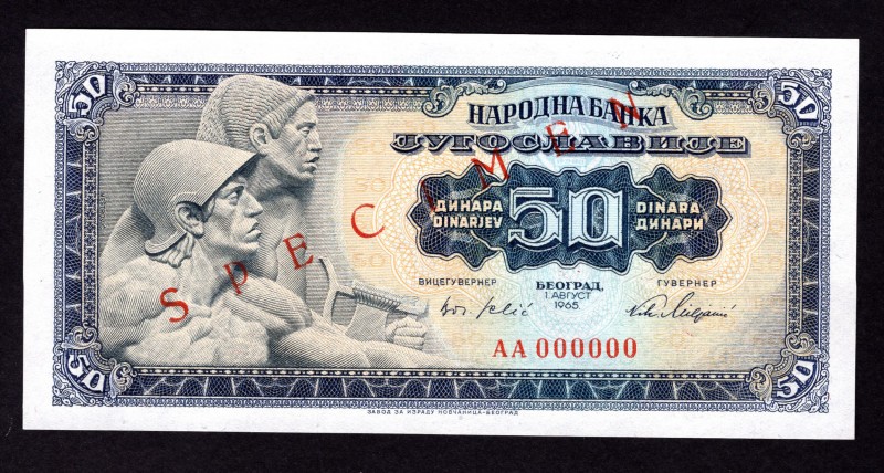 Yugoslavia 50 Dinara 1965 Specimen
P# 79s. UNC. 1.8.1965.