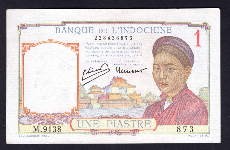 French Indochina 1 Piastre 1946
P# 54c. Signature 11. UNC.