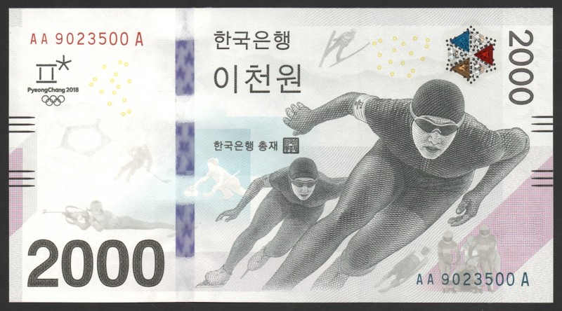 South Korea 2000 Won 2018 Commemorative
P# New; № AA 9023500 A; UNC; "PyeongCha...